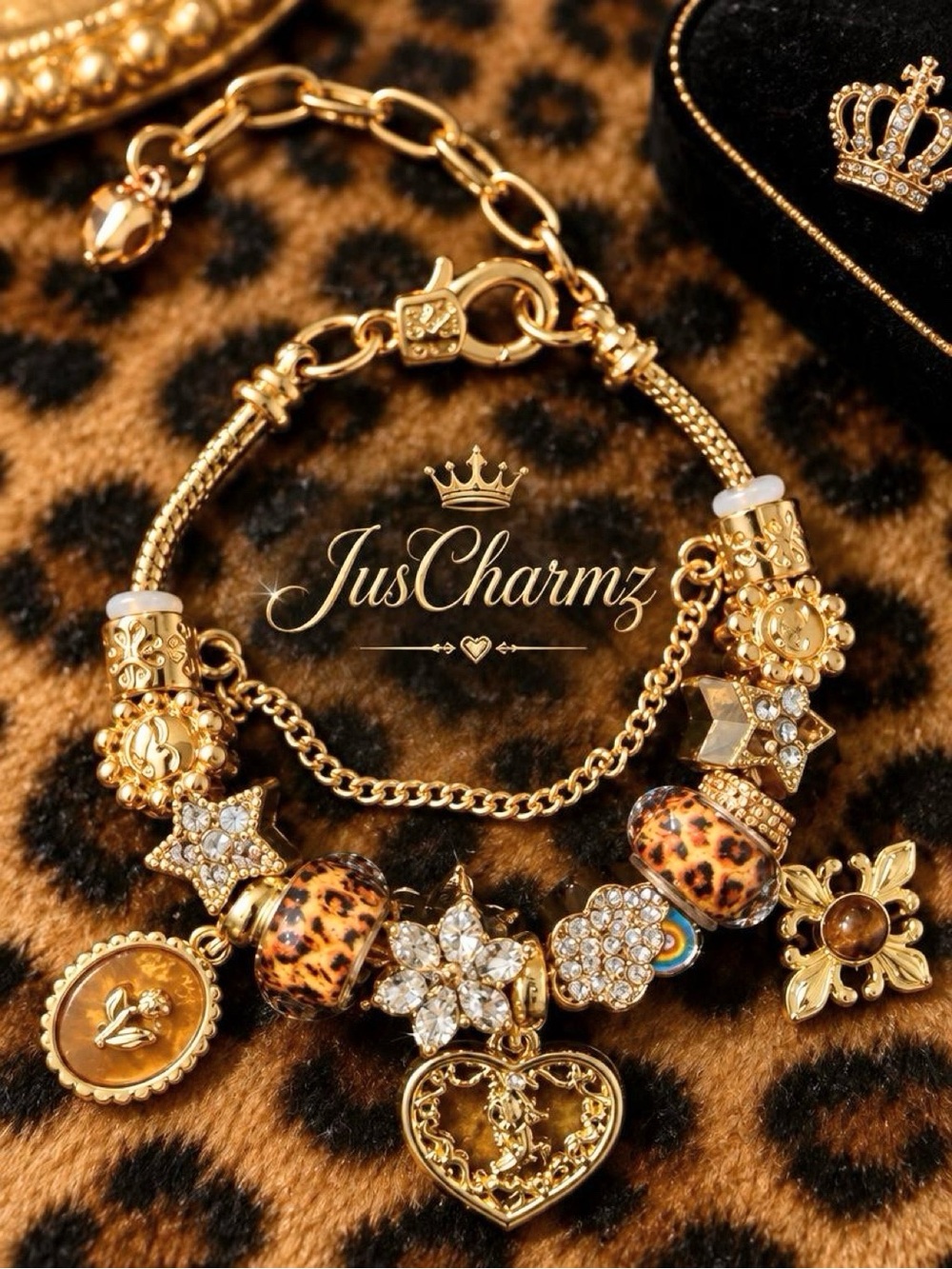 Gold Leopard Bead Charm Bracelet